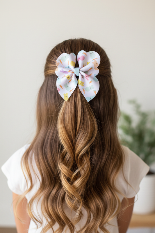 Girl wearing bunny bubble bow from back in half-up hairstyle