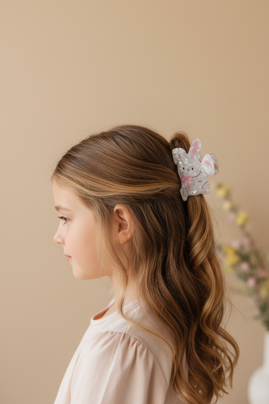 Girl wearing bunny claw clip from side in half-up hairstyle