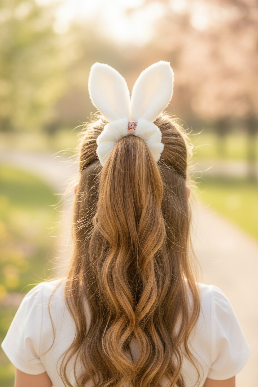 Girl wearing bunny ear scrunchie from back in ponytail