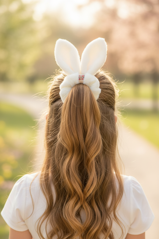 Girl wearing bunny ear scrunchie from back in ponytail