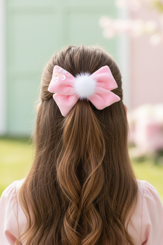Girl wearing bunny tail velvet bow from back in half-up hairstyle