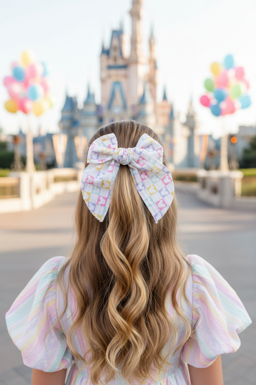 Girl wearing checkered mouse bow at theme park