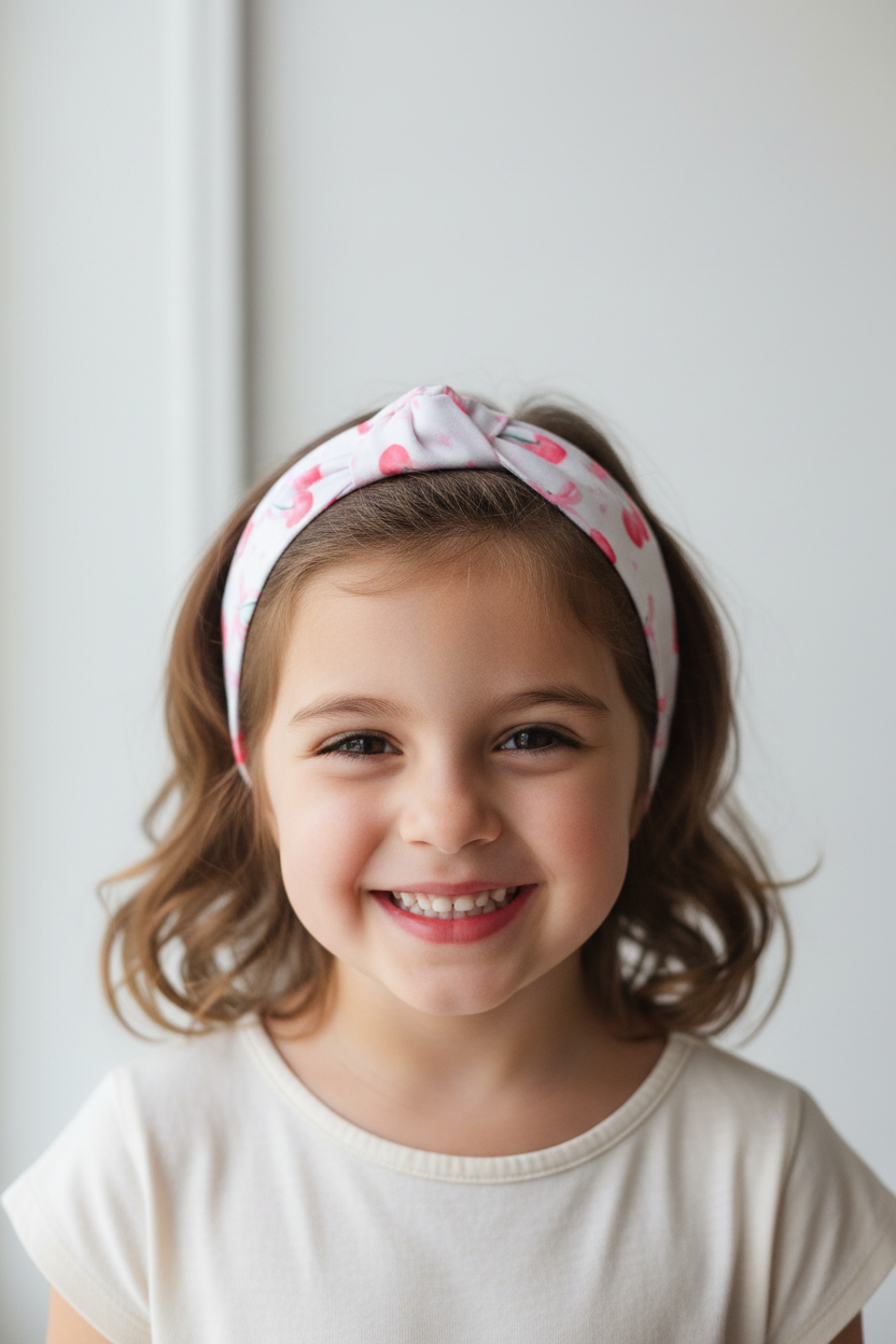Girl wearing cherry bow headband lifestyle photo