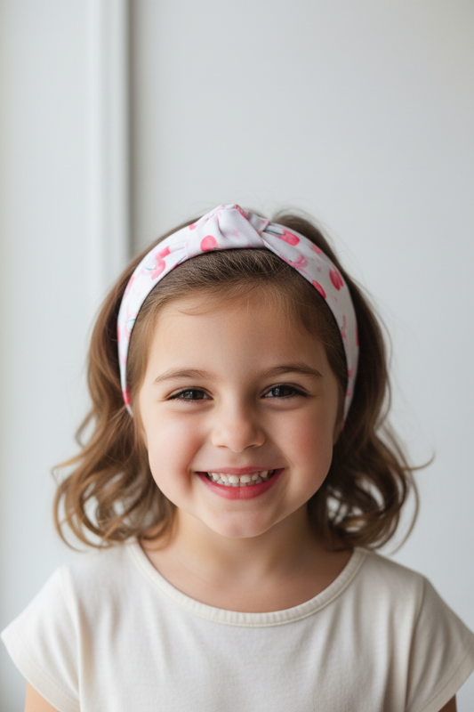 Girl wearing cherry bow headband lifestyle photo