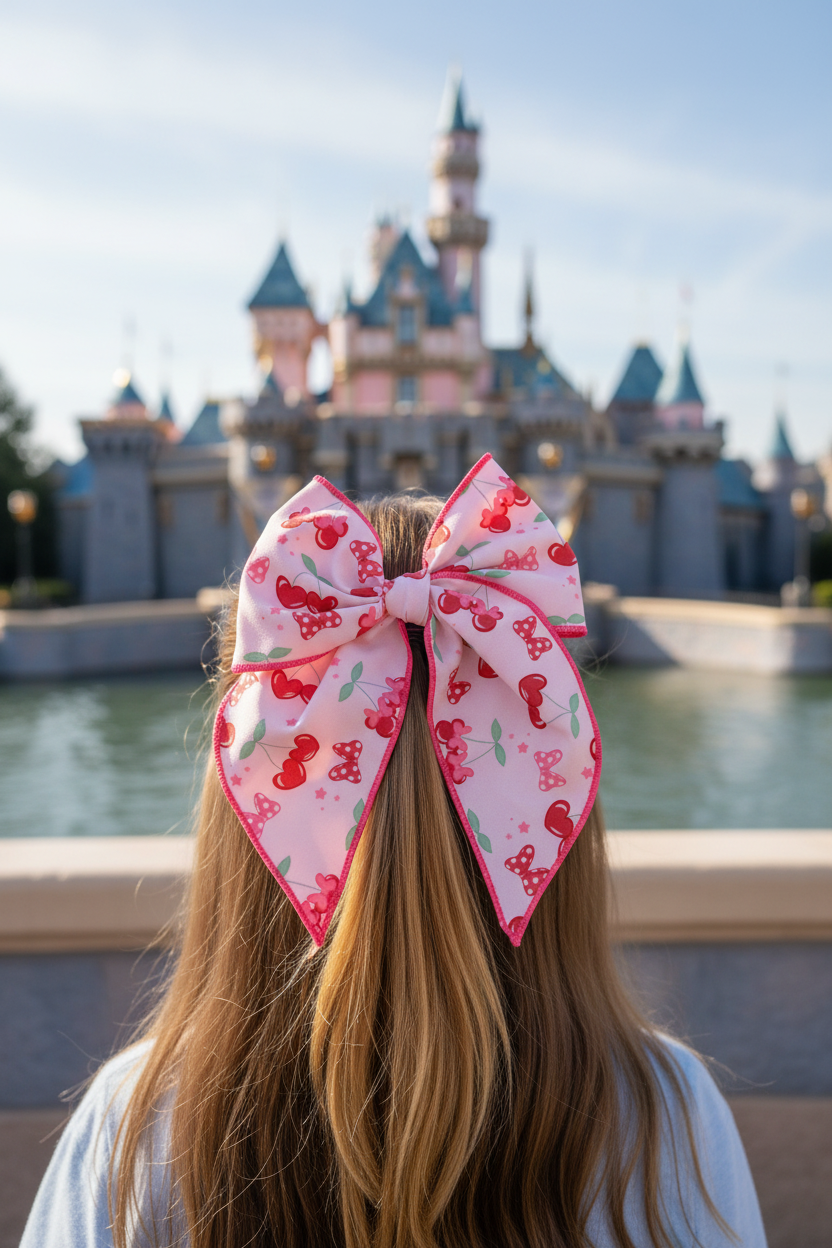 Girl wearing cherry Mickey bow at Disneyland - back view