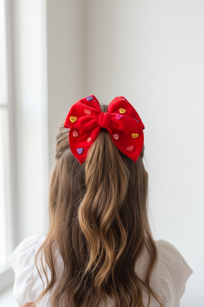 Girl wearing conversation heart bow in half-up half-down hairstyle - back view