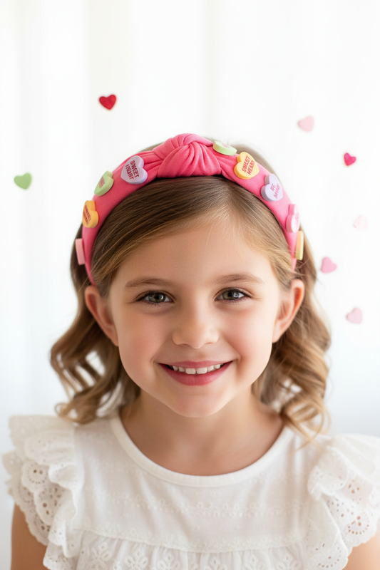 Girl wearing conversation hearts headband