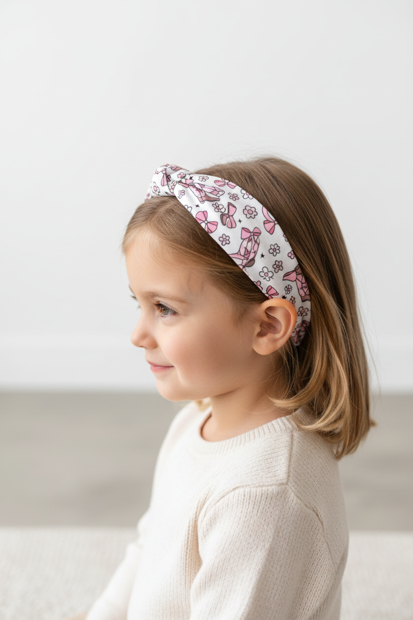 Girl wearing cowboy boots & bows print knotted headband