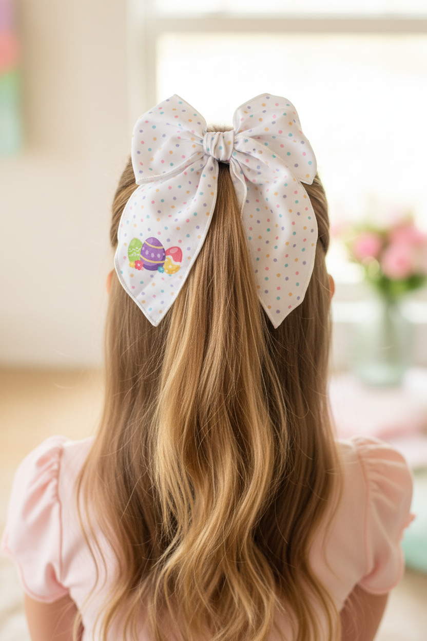 Girl wearing Easter hair bow from back in ponytail