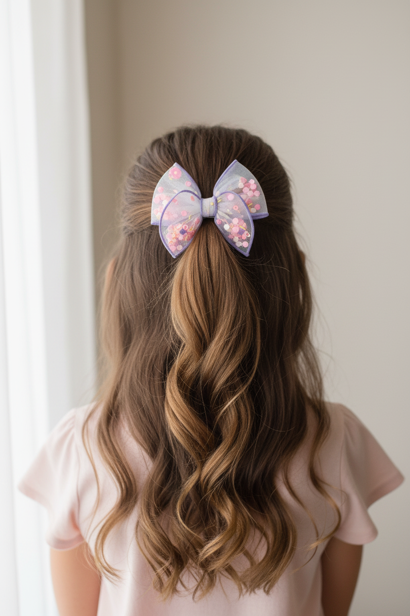 Girl wearing Flower Glitter Shaker Hair Bow in half up half down ponytail