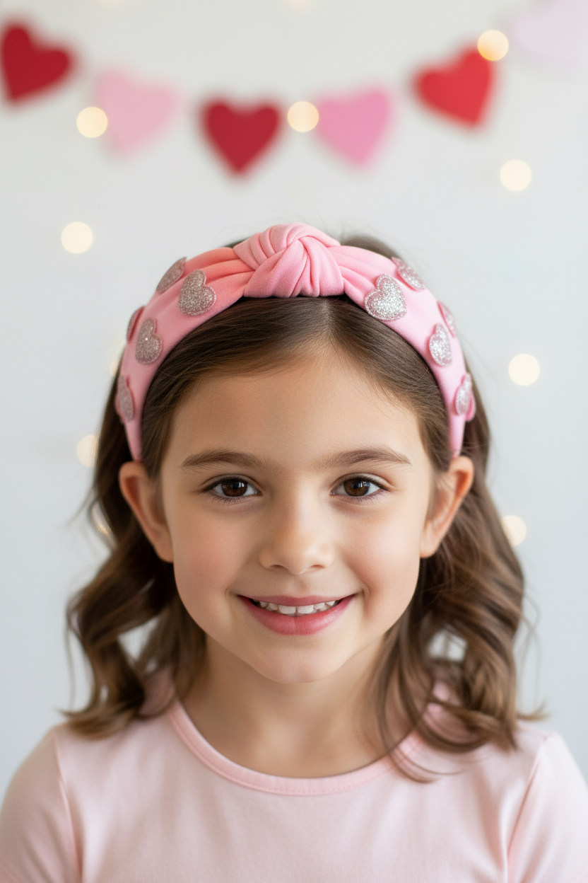 Girl wearing glitter hearts headband