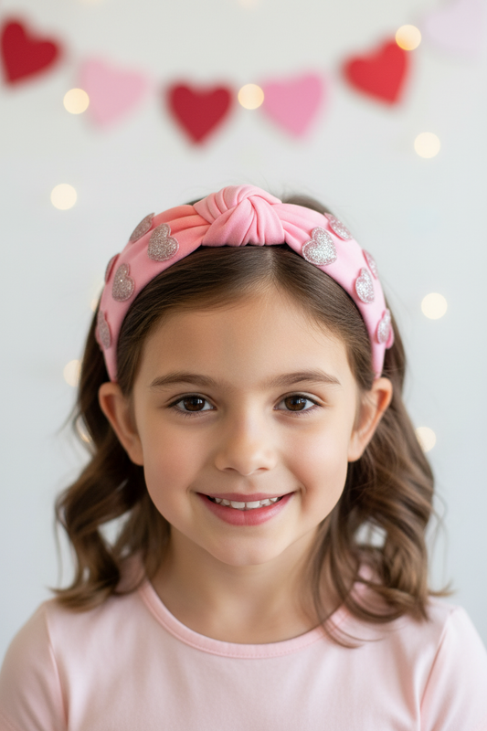 Girl wearing glitter hearts headband