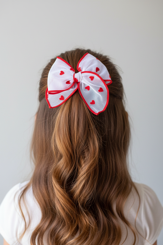 Girl wearing heart bow in half-up half-down hairstyle - back view