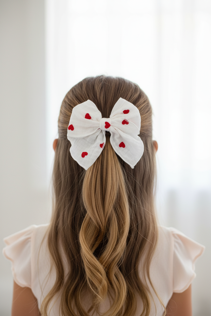 Girl wearing hearts muslin bow in half-up ponytail - back view