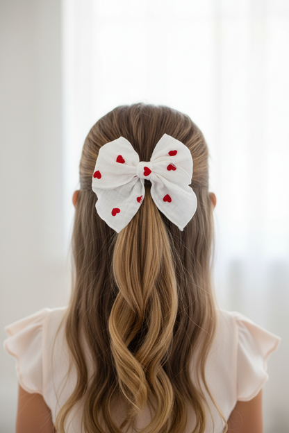 Girl wearing hearts muslin bow in half-up ponytail - back view