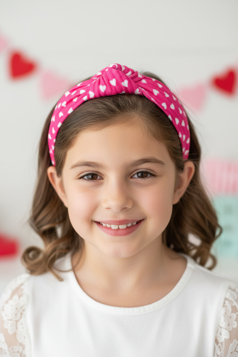 Girl wearing hot pink hearts padded headband