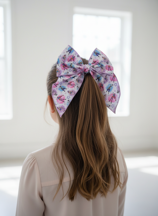Girl wearing K-pop bow in half-up half-down ponytail - back view