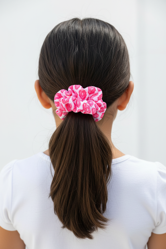 Girl wearing kisses scrunchie in ponytail - back view