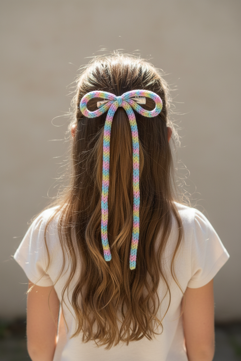 Girl wearing knit long tail bow in half-up half-down hairstyle