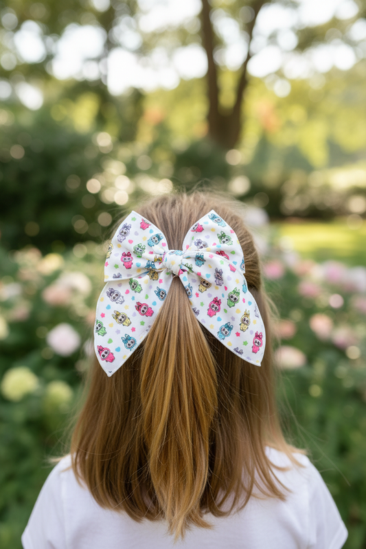 Girl wearing Labu bow in half-up half-down hairstyle outdoors