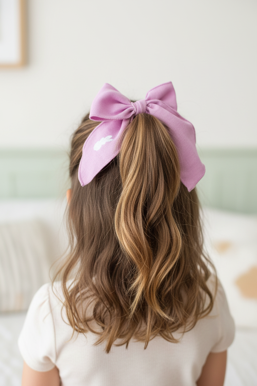 Girl wearing lavender linen bunny bow from back in ponytail