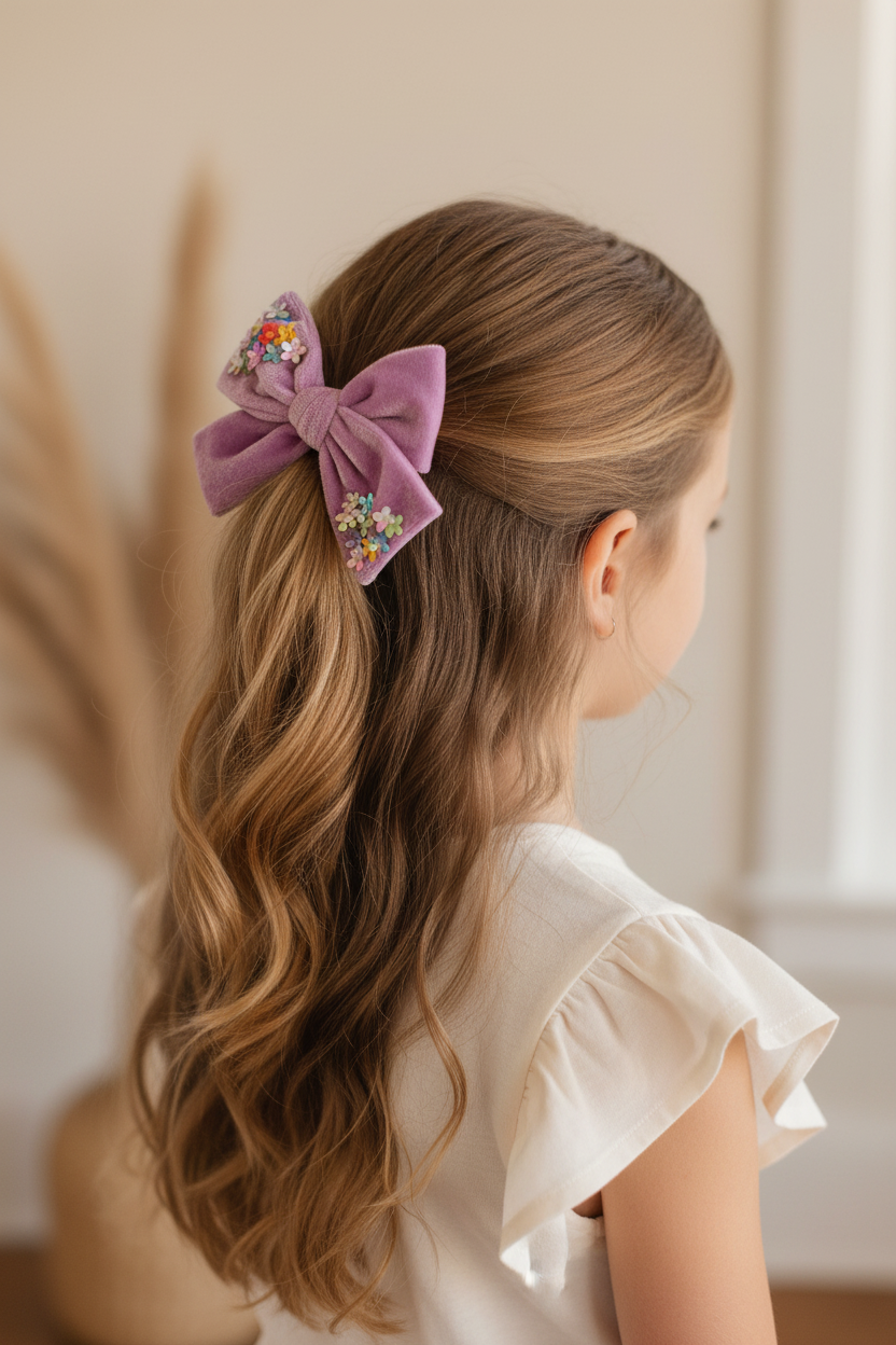 Girl wearing lavender velvet bow in half-up hairstyle