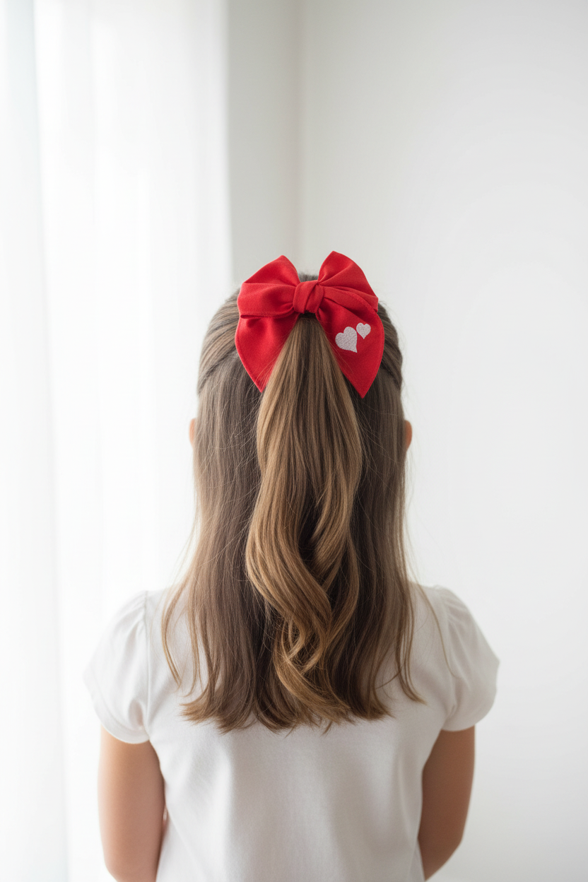 Girl wearing linen embroidered heart bow in half-up ponytail - back view