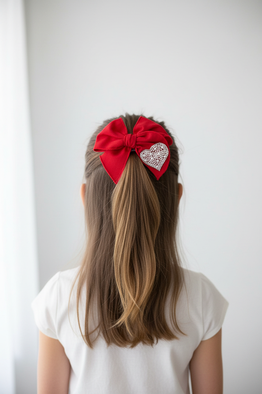 Girl wearing linen pearl heart bow in half-up ponytail - back view