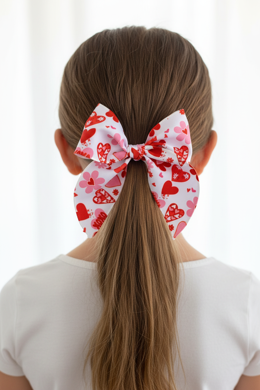 Girl wearing love and hearts bow on low ponytail - back view