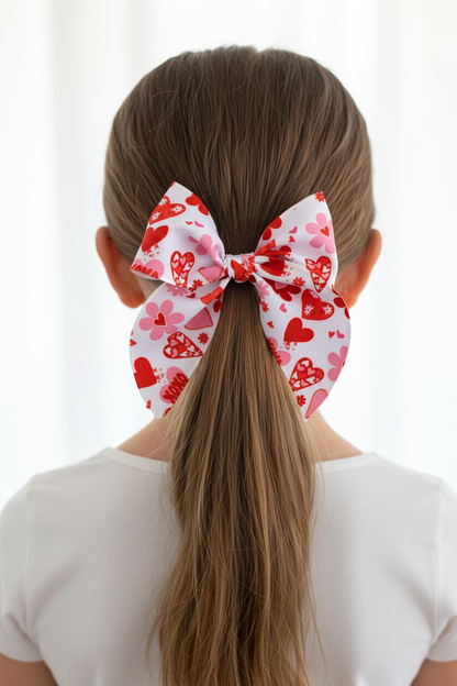 Girl wearing love and hearts bow on low ponytail - back view