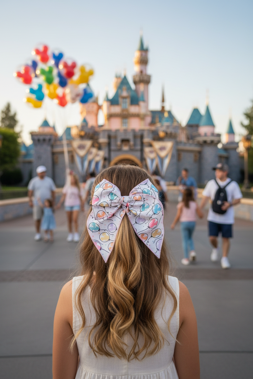 Girl wearing mouse balloon bow at Disneyland