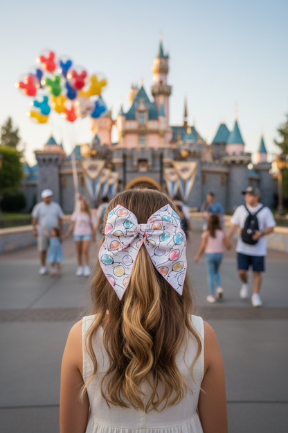 Girl wearing mouse balloon bow at Disneyland