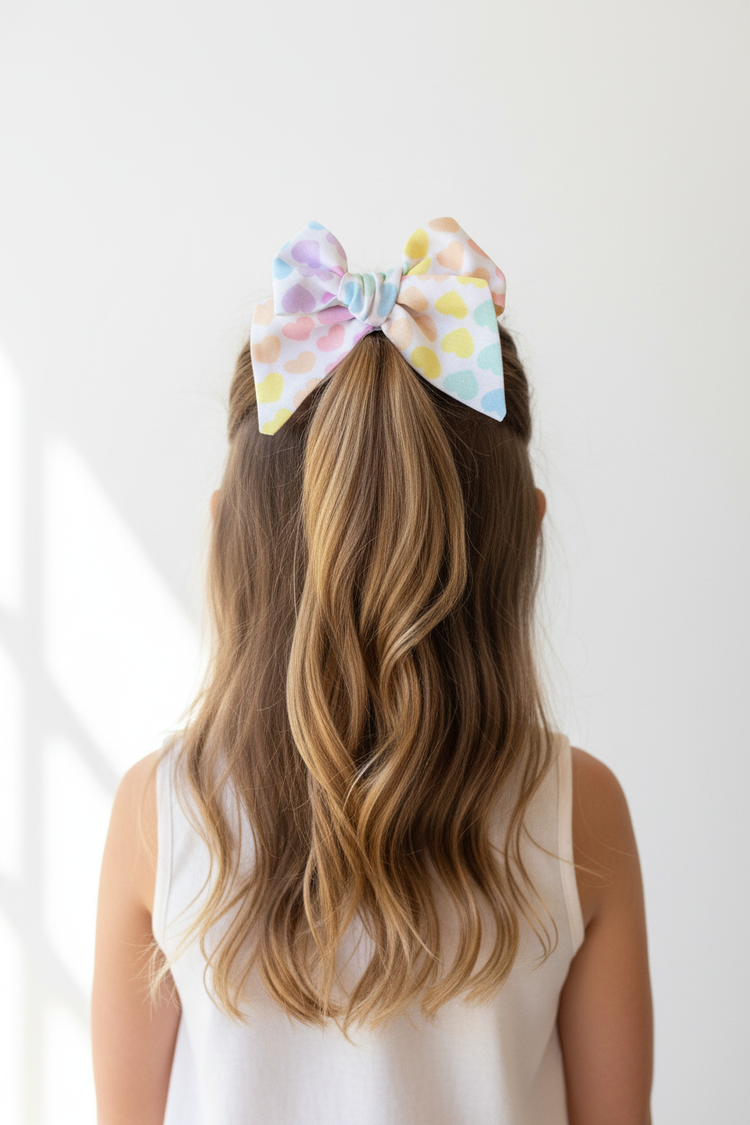 Girl wearing pastel heart bow in half-up ponytail - back view