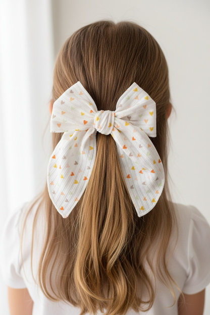 Girl wearing pastel hearts bow on low ponytail - back view