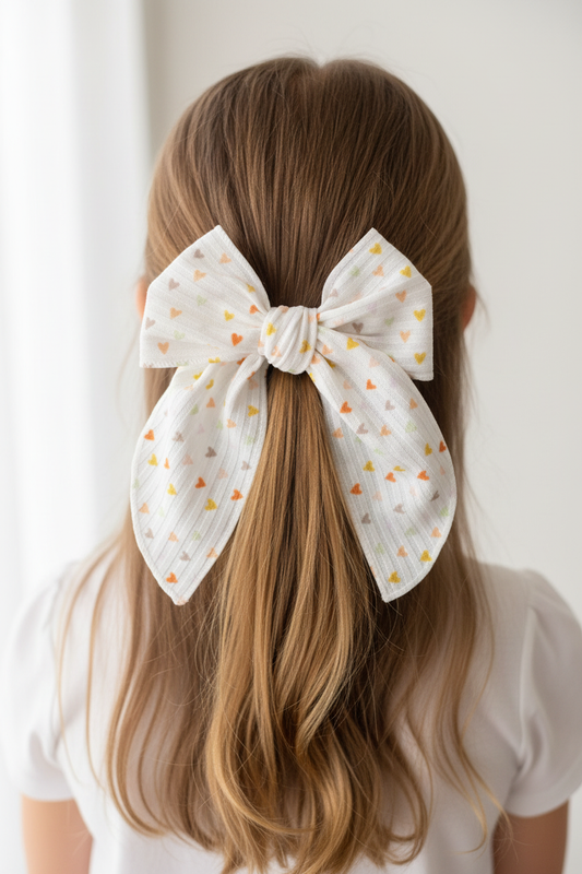 Girl wearing pastel hearts bow on low ponytail - back view