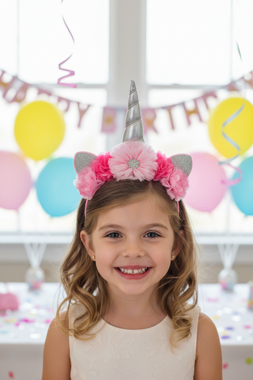 Girl wearing pink and silver unicorn headband at birthday party