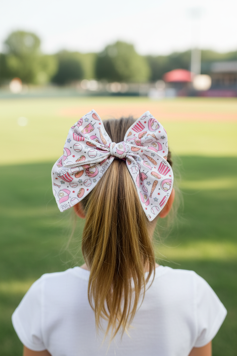 Girl wearing pink baseball bow in half-up half-down hairstyle from behind