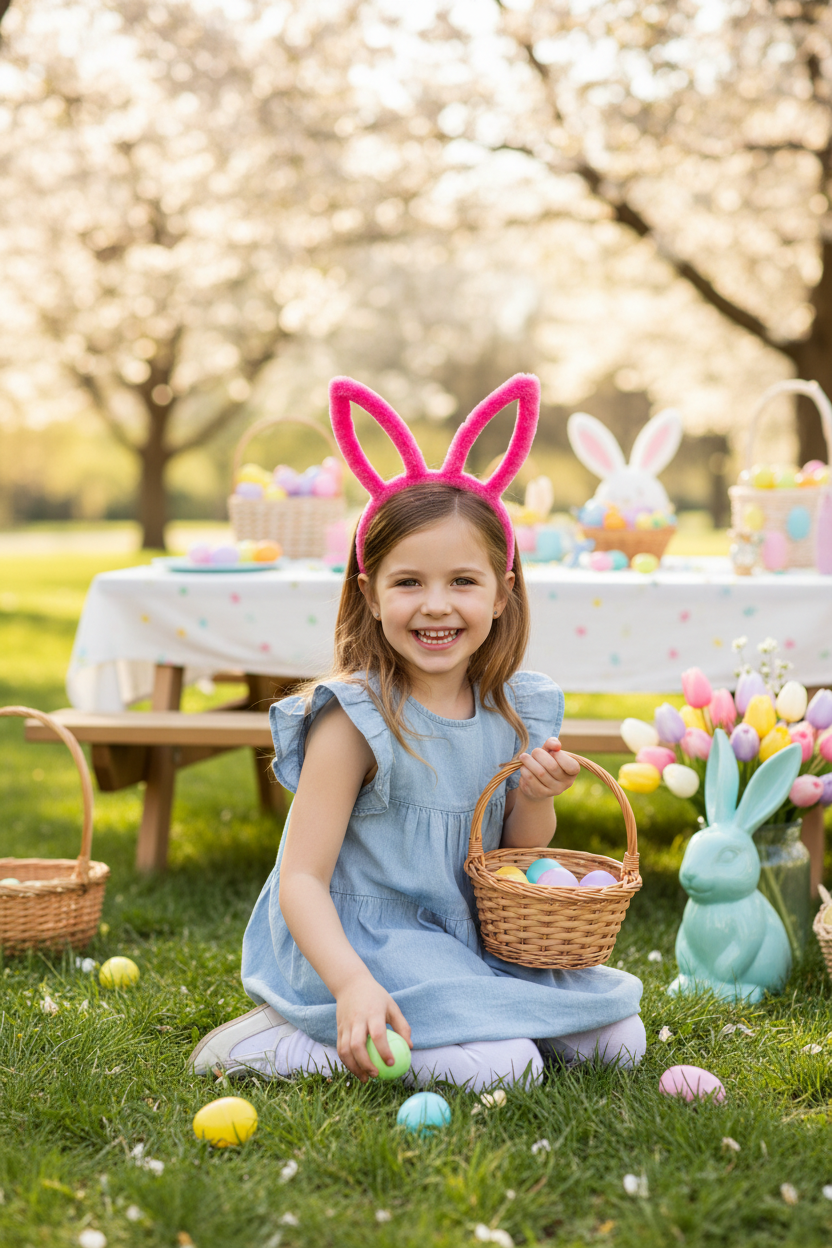 Girl wearing pink bunny ears during Easter activity