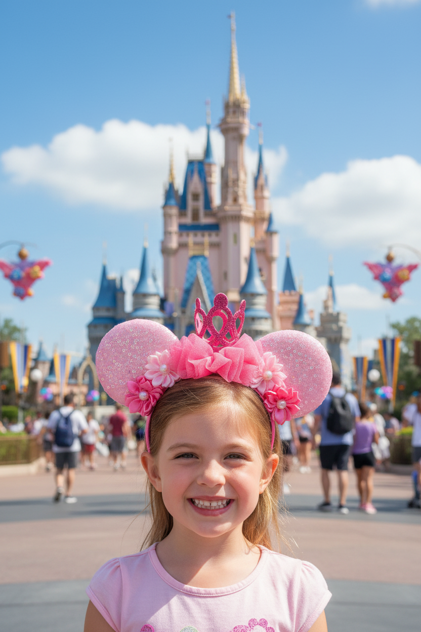 Girl wearing pink crown princess mouse ear headband at theme park