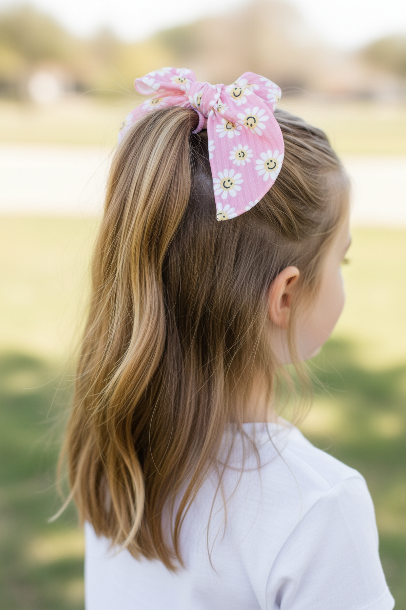 Girl wearing pink daisy bow in half-up ponytail