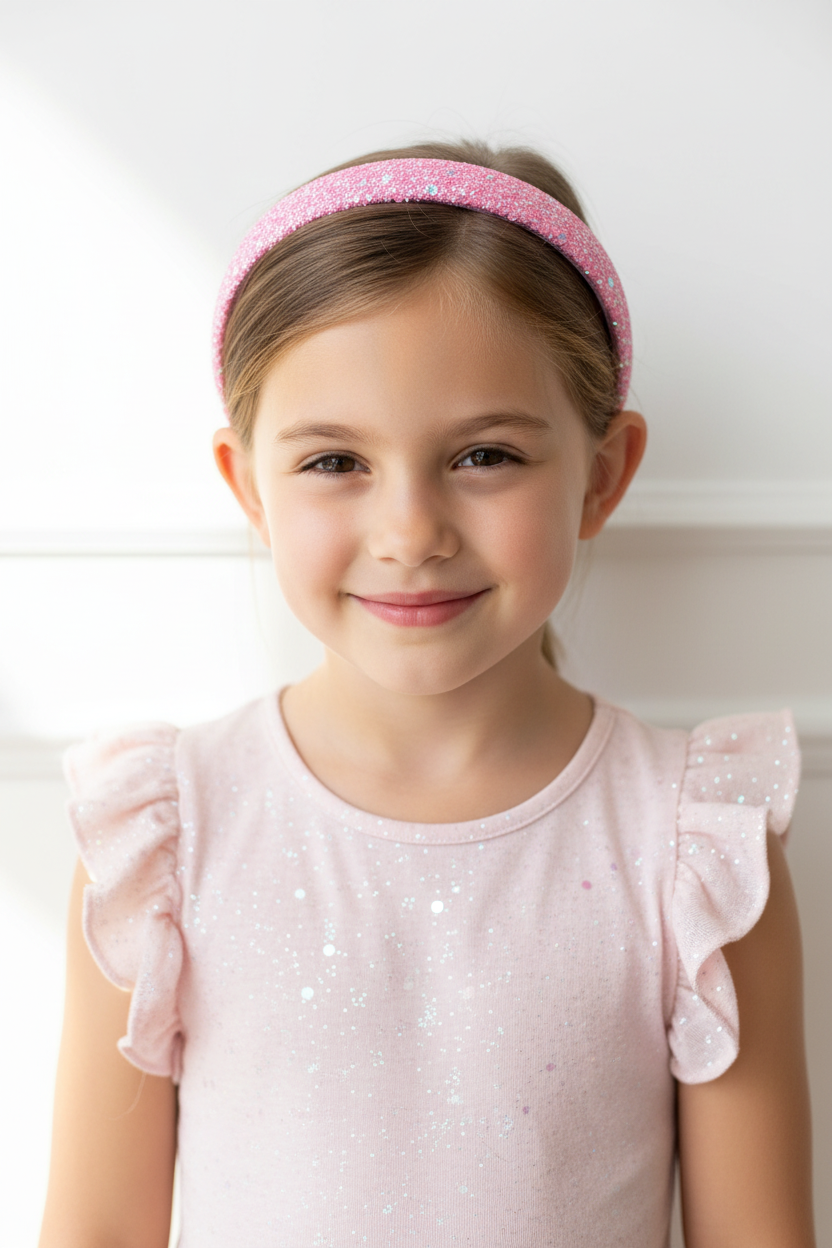 Girl wearing pink glitter headband