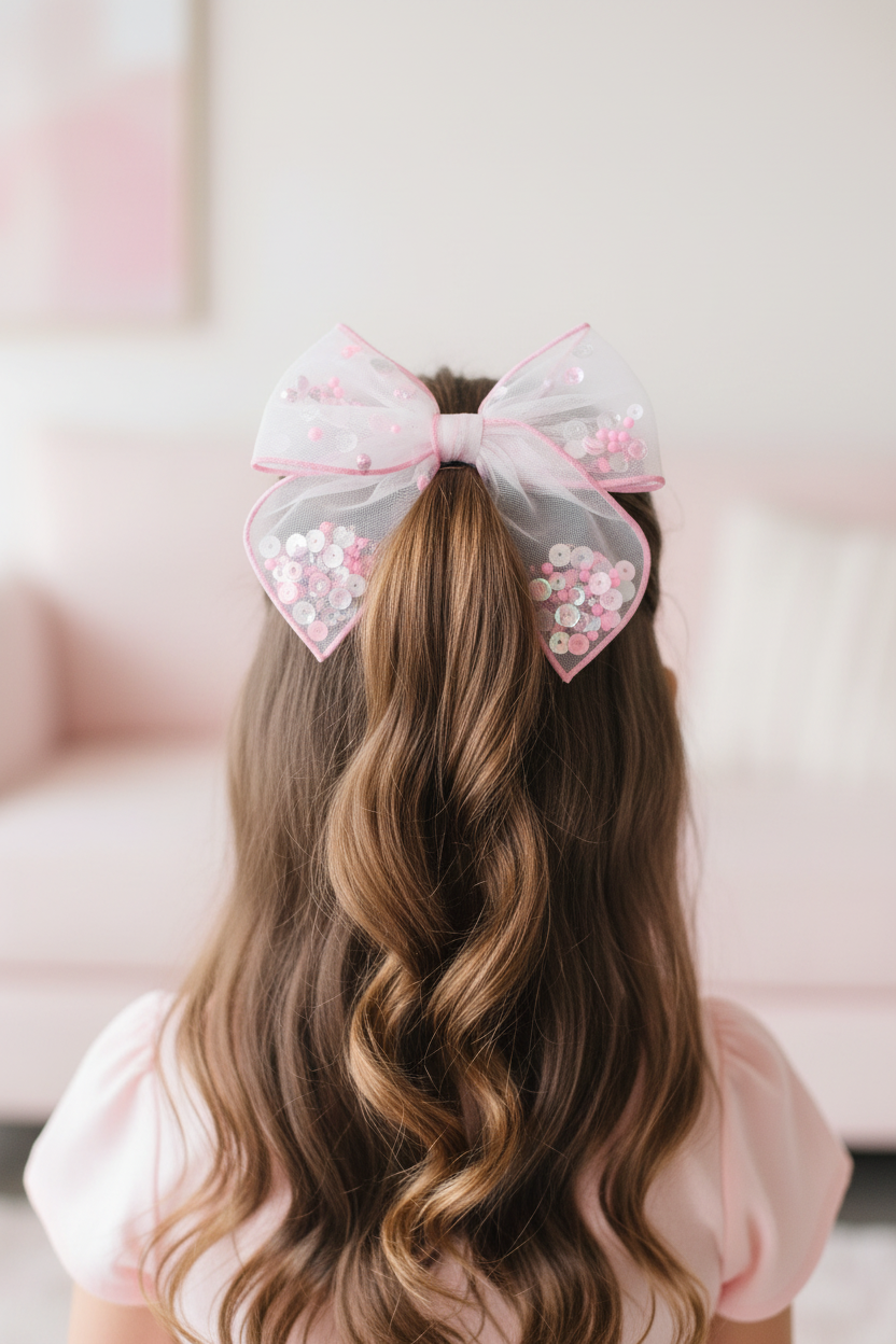 Girl wearing Pink Glitter Shaker Hair Bow in half up half down ponytail