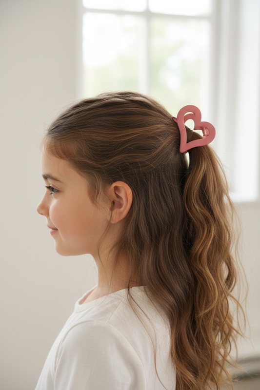 Girl wearing pink heart claw clip in half-up hairstyle