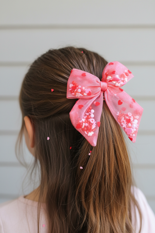 Girl wearing pink heart shaker bow in half-up half-down hairstyle - back view