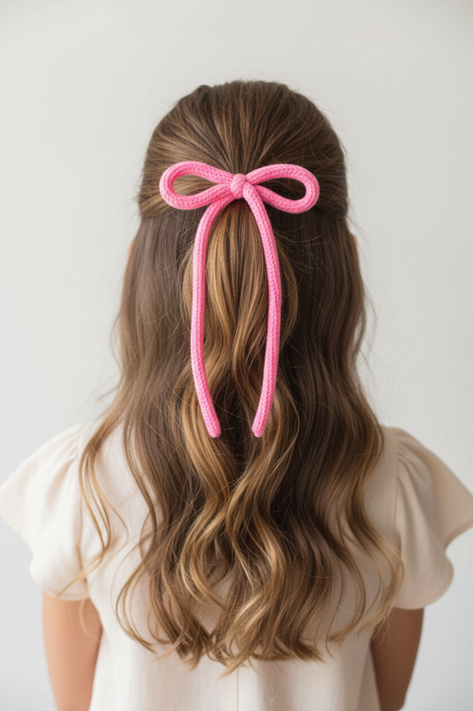 Girl wearing pink knit long tail bow in half-up half-down hairstyle