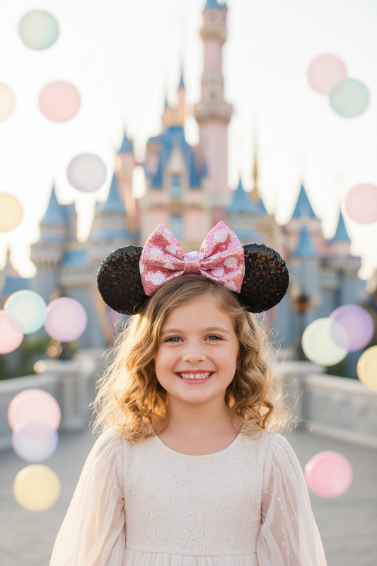 Girl wearing pink polka dot mouse ears