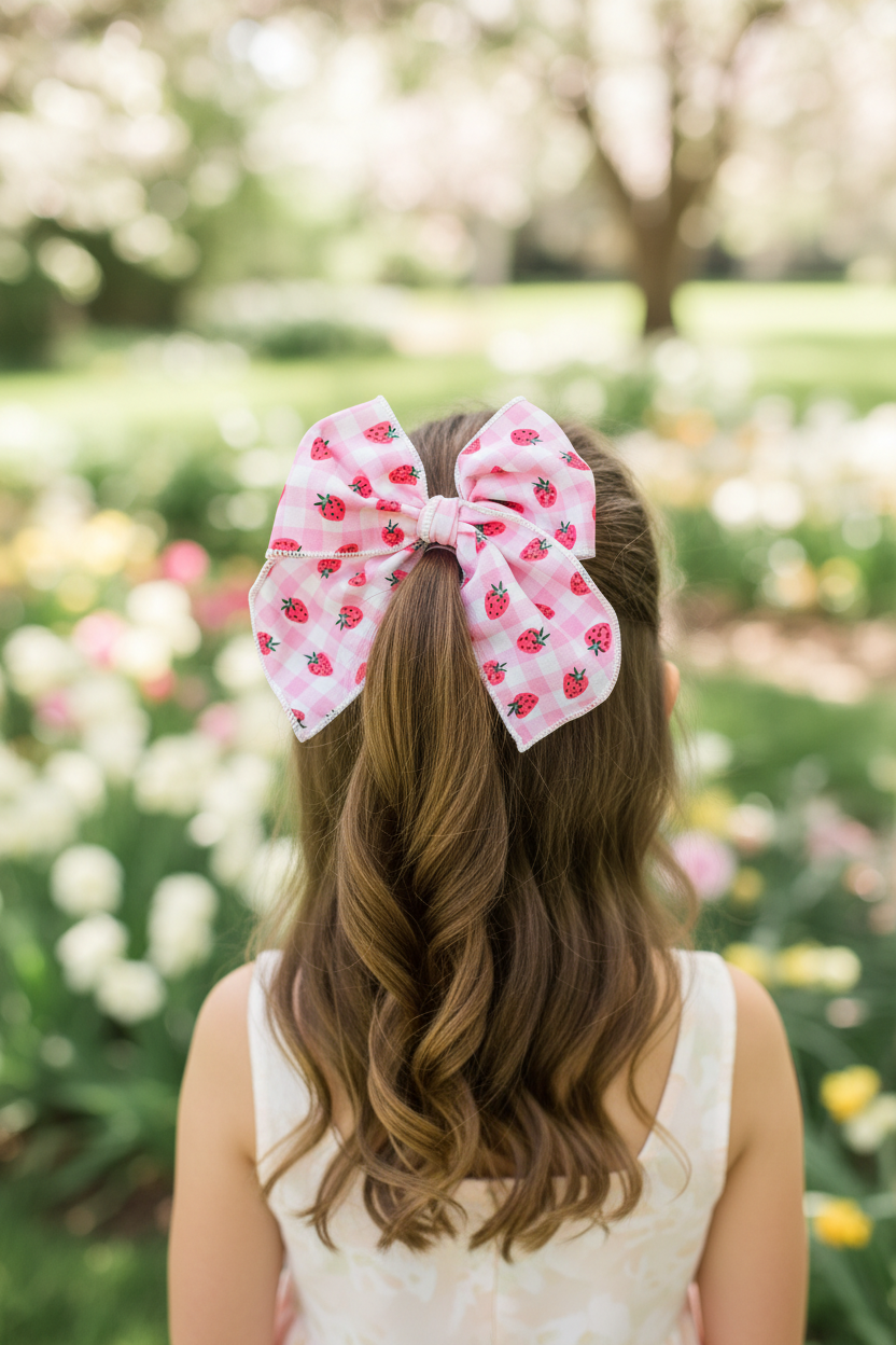 Girl wearing pink strawberry bow in half-up half-down hairstyle from behind