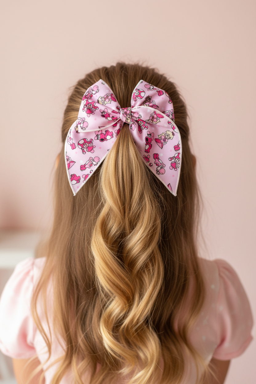 Girl wearing Princess Peach bow from back in half-up hairstyle