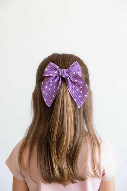 Girl wearing purple heart bow in half-up ponytail - back view