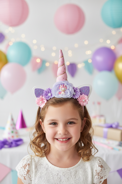 Girl wearing purple pink unicorn headband at birthday party